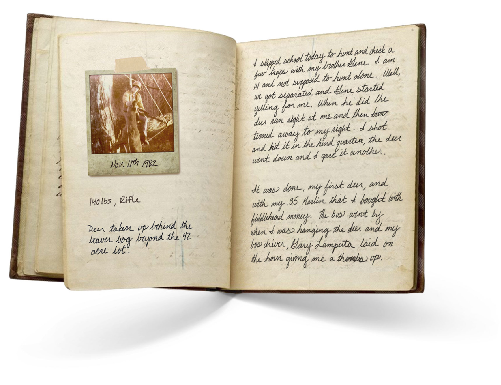 Vintage hunting journal with a photograph and handwritten entry about a first deer