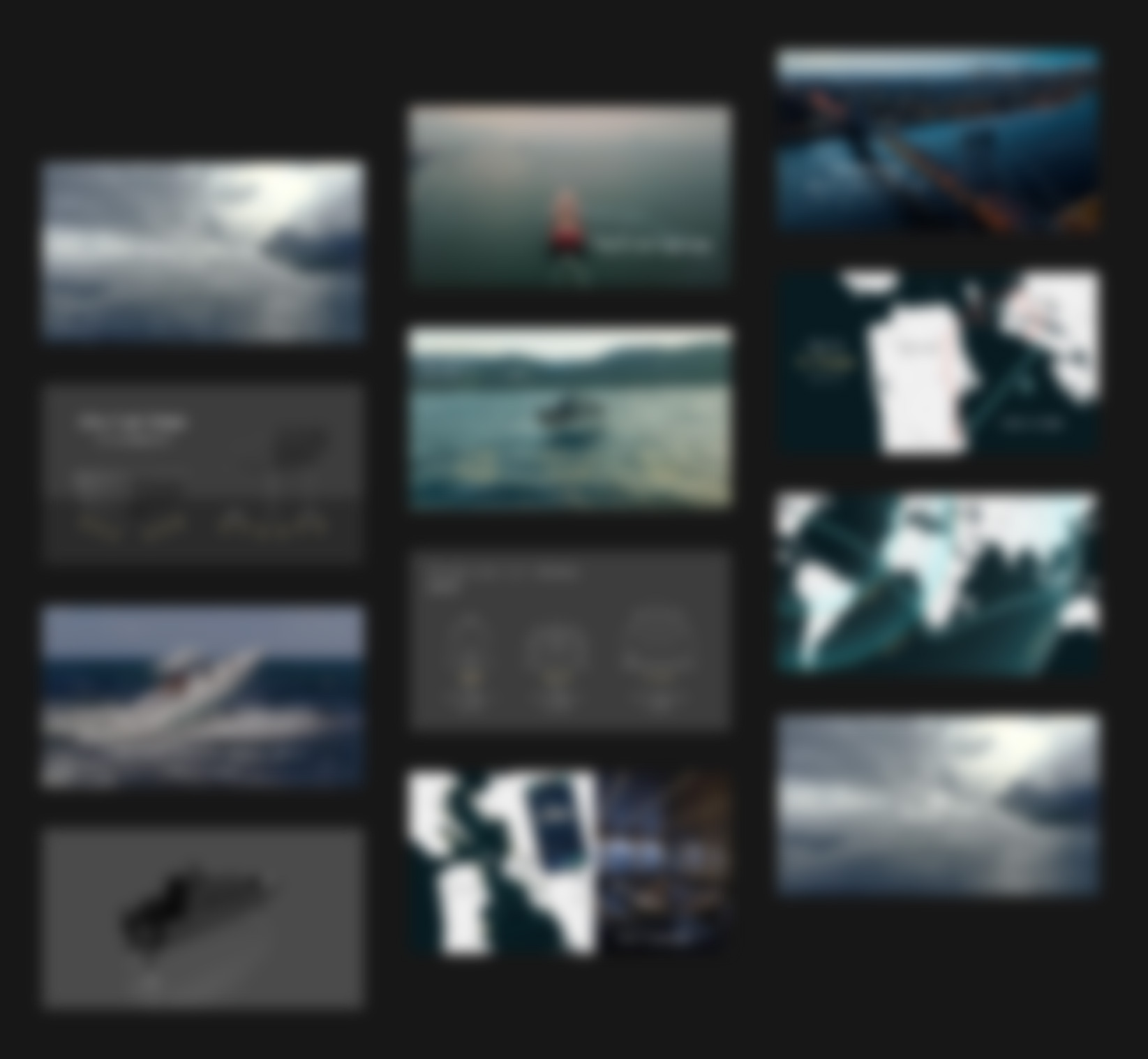 Blurred pitch deck slides showing process and narrative work