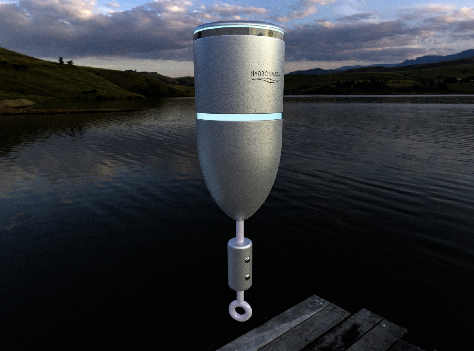Hydroswarm smart buoy beta design floating above water at twilight
