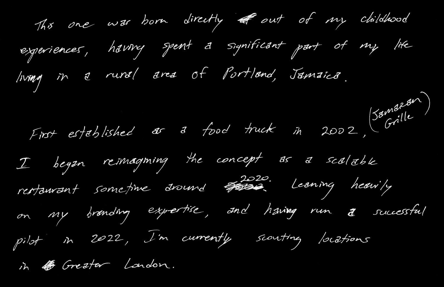 Handwritten branding and interior design notes