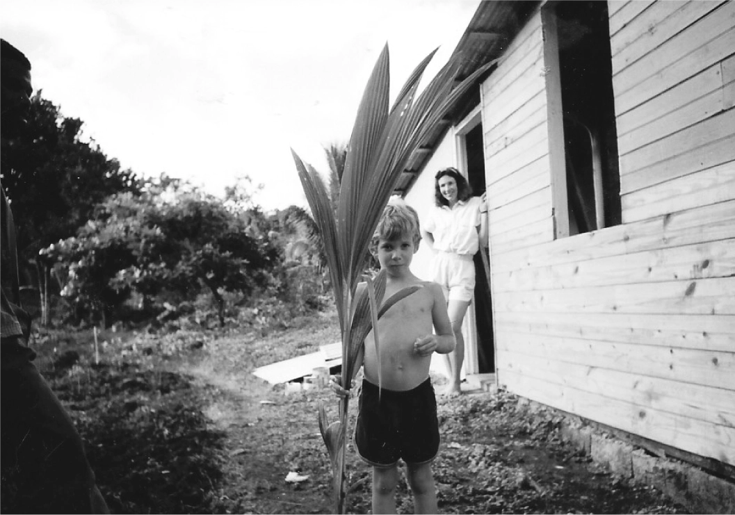 A boy holding a palm frond outside a wooden house in Rose Garden, Jamaica