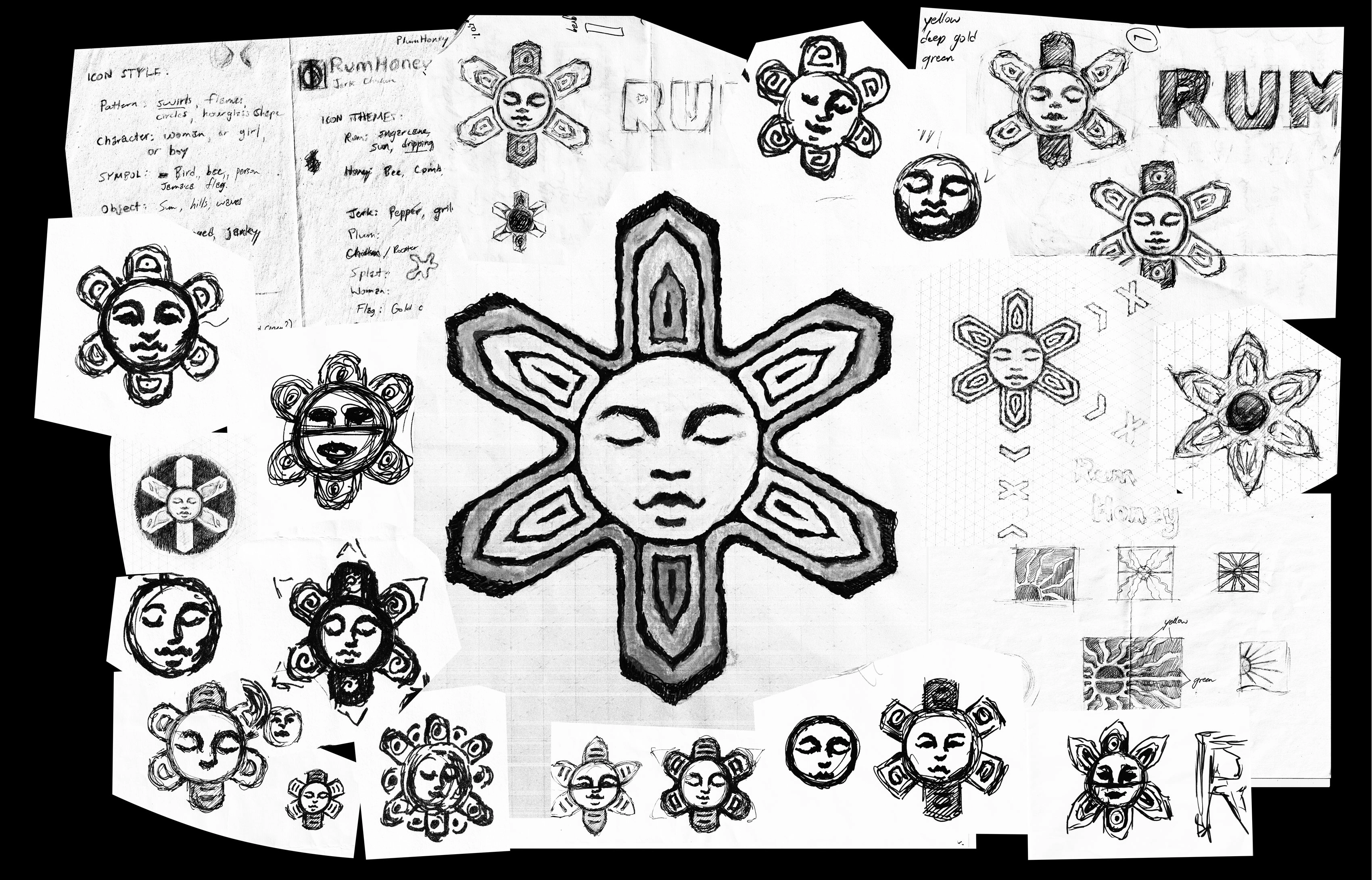 RumHoney logo draft explorations showing Taino-inspired symbol and palette iterations