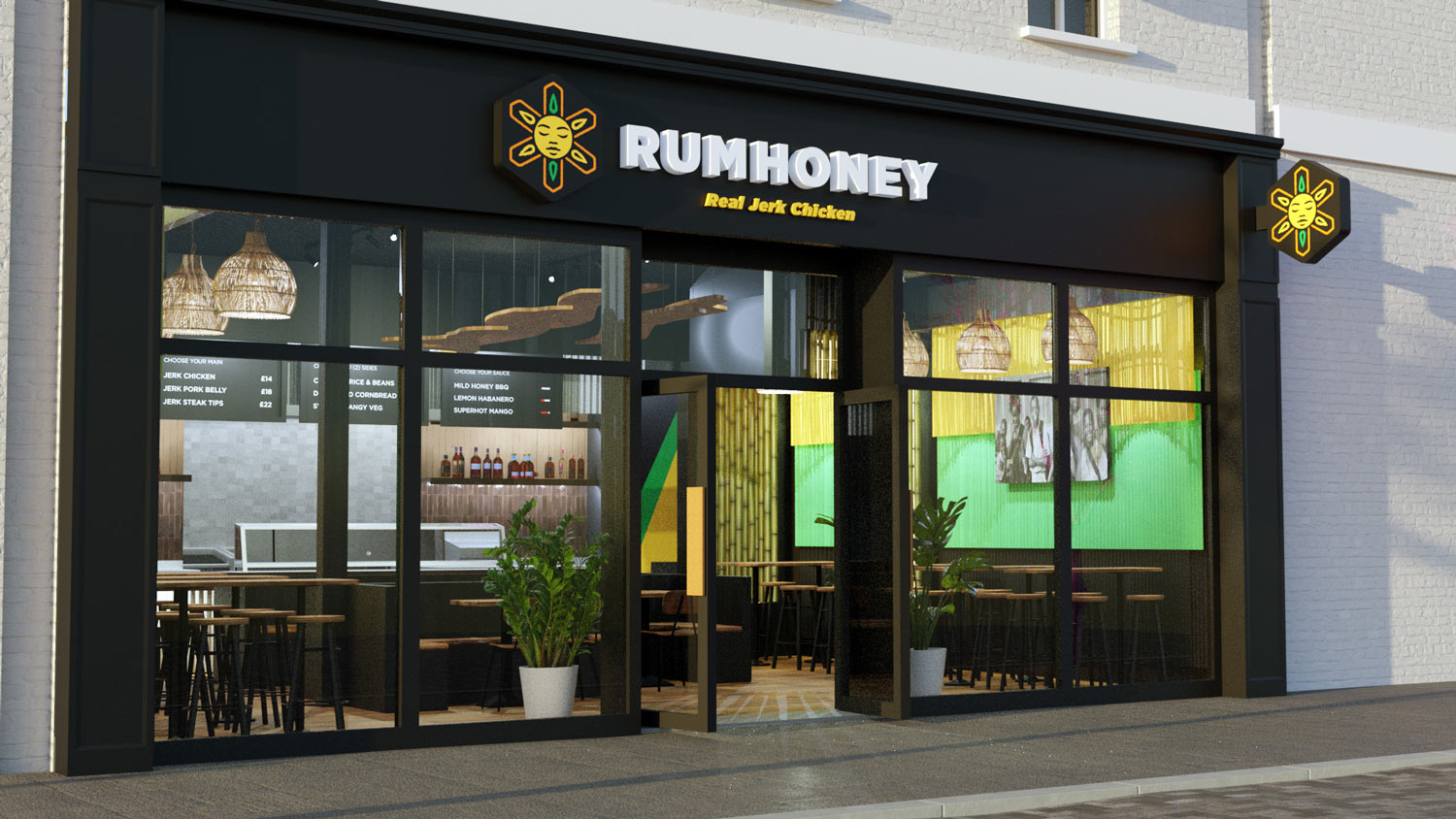 Angled exterior view of the RumHoney storefront