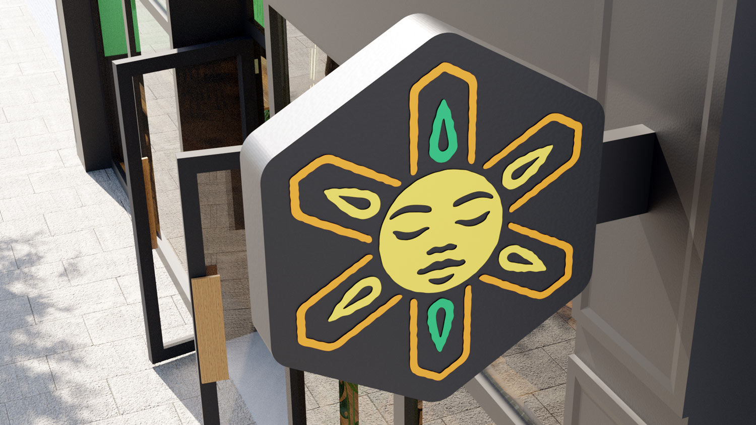 Close-up of the RumHoney hexagonal sun emblem on the exterior wall