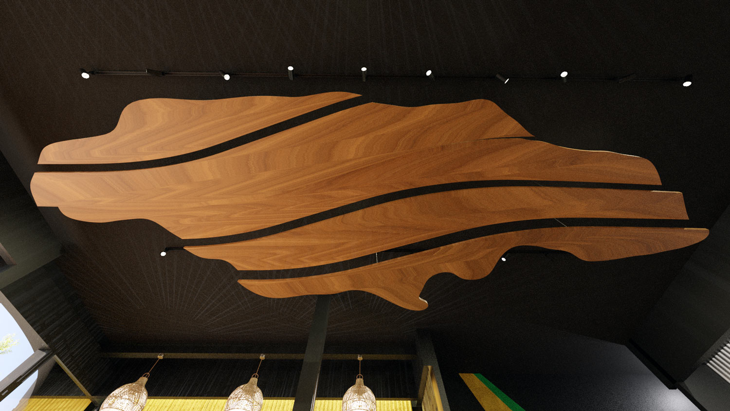 Ceiling detail with a wooden Jamaica map installation at RumHoney
