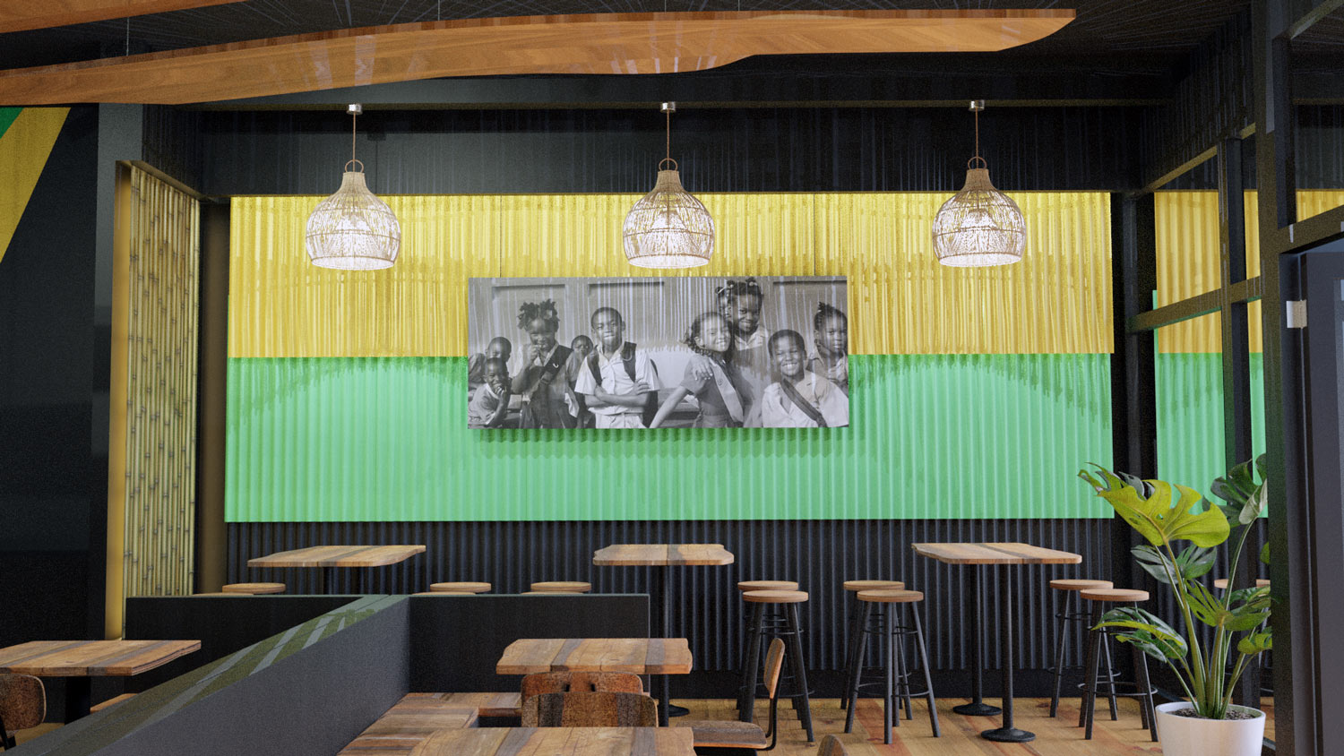 Interior seating area with corrugated yellow and green wall at RumHoney